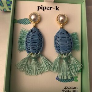 Piper K Woven Blue Raffia Fish Drop Earrings Mint Green Fringe & Faux Pearl NIB